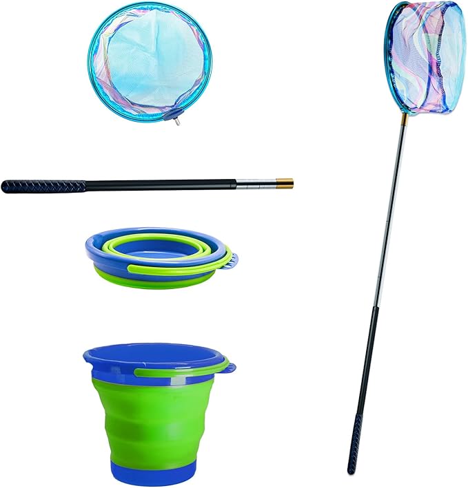 2PCS Kids Fishing Nets with Bucket - Telescoping Handle Retractable Landing Net Lightweight Aluminum Pole for Catch and Re...