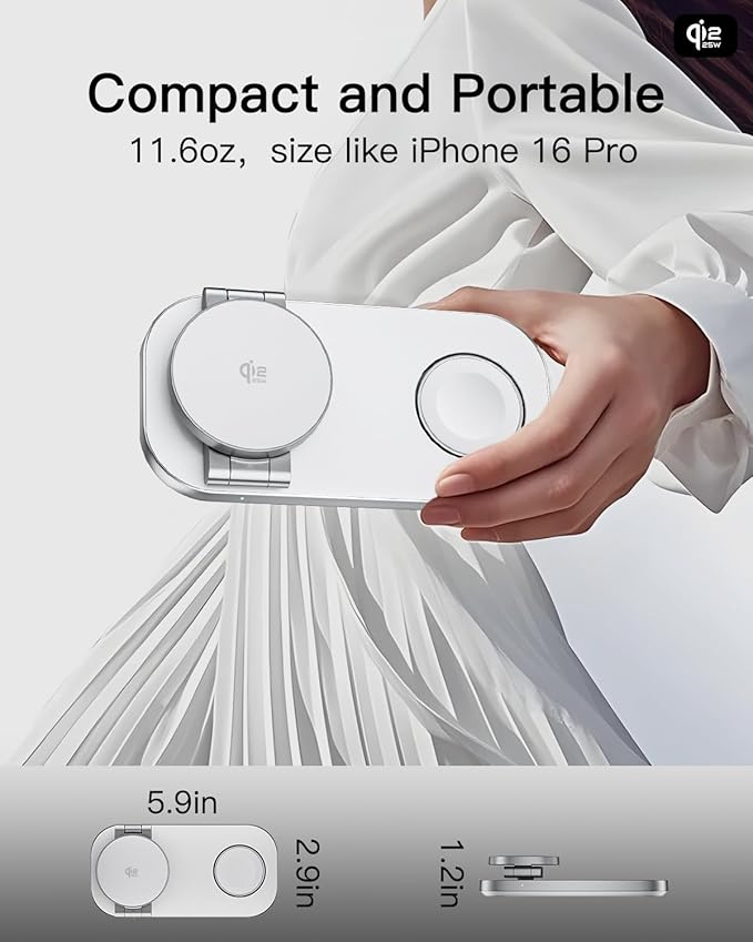 3-in-1 Charging Station for Apple Device, Qi2 25W Magnetic Wireless Foldable Fast Charger Stand Compatible with MagSafe for iPhone Air/17/16/15/14/13/12 Series, Apple Watch & AirPods