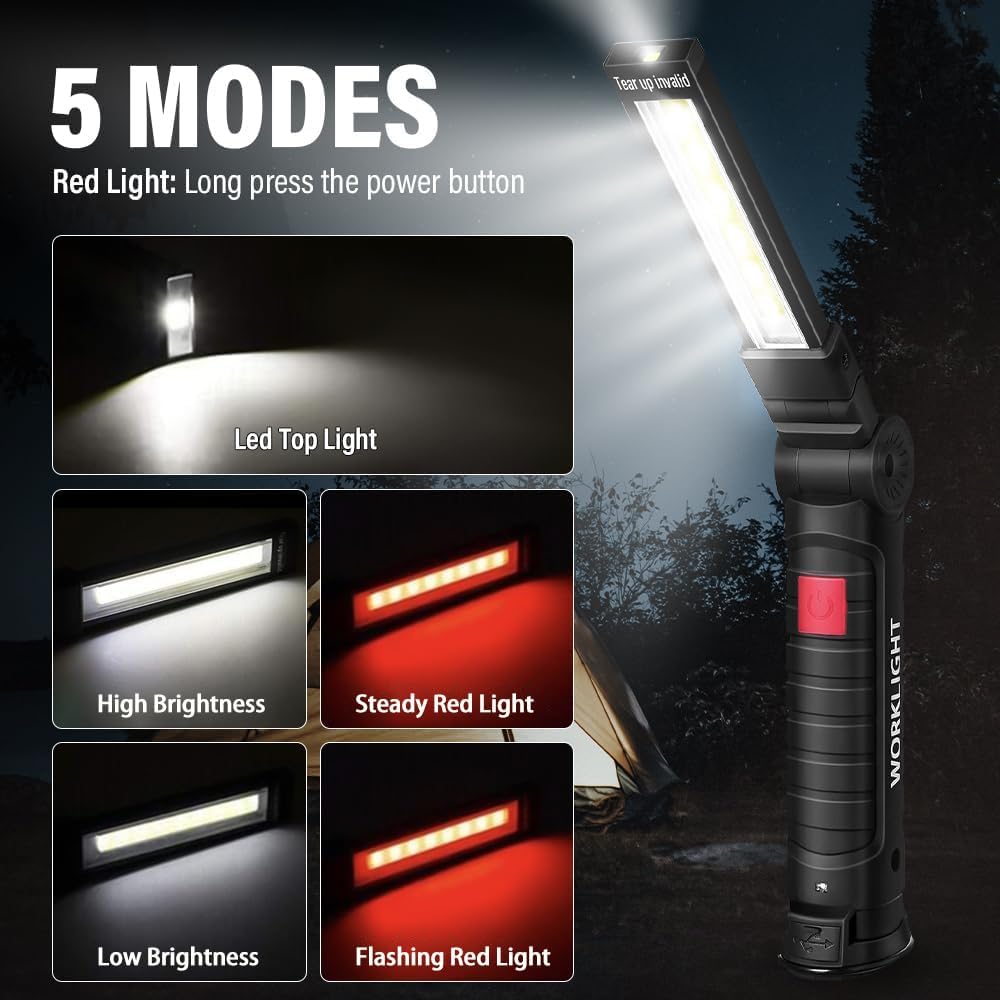 LED Work Light Rechargeable Flashlight, Valentine's Day Gifts for Men Boyfriends Him Husband Mechanic Grill Light Torch Inspection Lamp Magnetic Base 5 Modes 360° Rotate Car Emergency Repair 4PCS