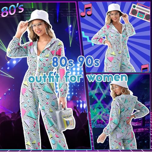 VillbeCoser Hoodies Jumpsuit 80s 90s Outfits for Women Tracksuit Costume One Piece Windbreaker Hip Hop Neon Party