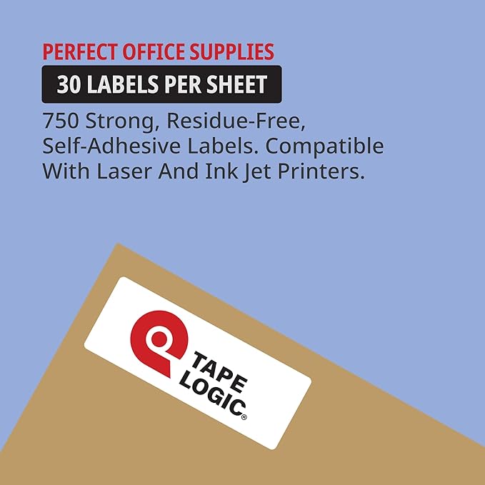 TAPE LOGIC Printable Self-Adhesive 1" x 2 ⅝” White Laser Labels (25 Sheets of 30) | 750 All Purpose Blank Sticker Label, Office & Personal Supplies for Address Shipping & Mailing