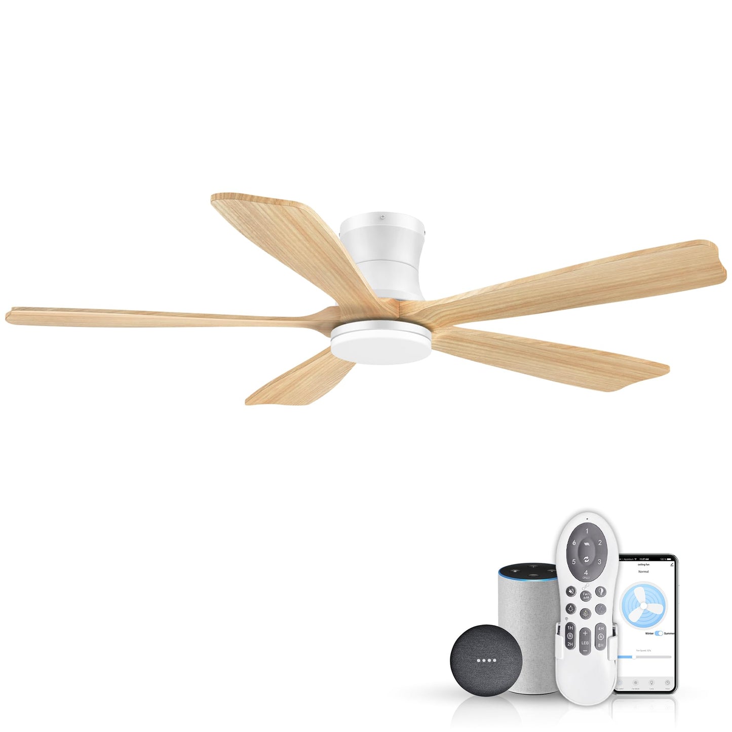 GentleBreeze 52In Wood Smart Low Profile Ceiling Fans with Lights Remote,Control via WIFI Alexa Google App,6 Speed,Quiet DC Moto