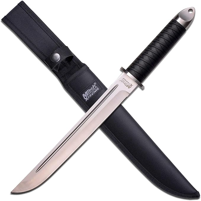 MTech Xtreme – Fixed Blade Knife - Satin Stainless Steel Blade w/Blood Groove, Injection Molded Rubber Handle w/Ribbon Pat...