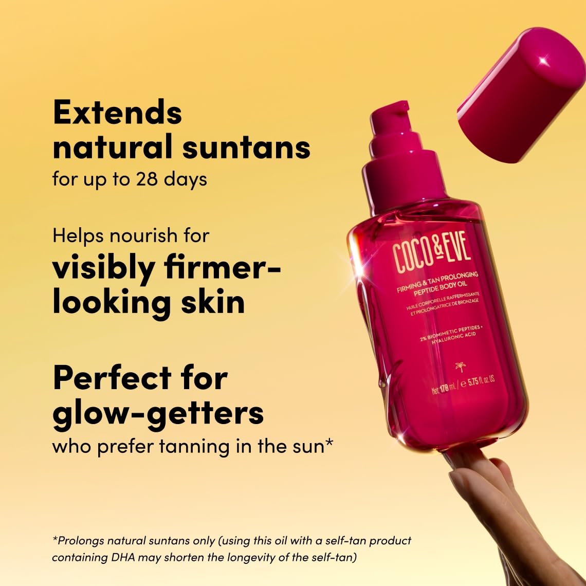 Coco & Eve Firming & Tan Prolonging Peptide Body Oil. Up to 28 Days Natural Tan Extender. After Sun Care with Tropical Oils, Vit