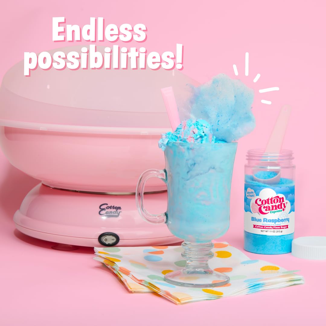 Cotton Candy Express Floss Sugar Variety Pack with 5 - 11oz Plastic Jars of Lime, Watermelon, Pina Colada, Blue Raspberry, Pink Vanilla Flossing Sugars Plus 50 Paper Cotton Candy Cones