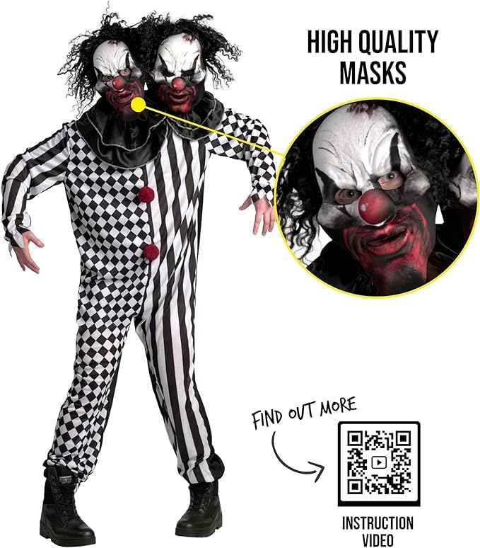 Morph Scary Clown Costume for Adults, Killer Clown Costume Men and Women, Halloween Scary Outfit, Creepy Horror Suit, 2 heads, Large