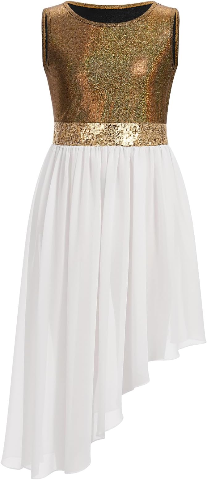 ODASDO Girl Praise Dance Dress Sleeveless Asymmetrical Overlays Tunic Tops Metallic Color Block Liturgical Worship Dancewear