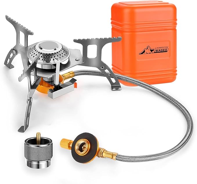 WADEO Camping Gas Stove, 3700W Portable Backpacking Stove with Piezo Ignition, Portable Burner, Camping Stove Adapter and ...