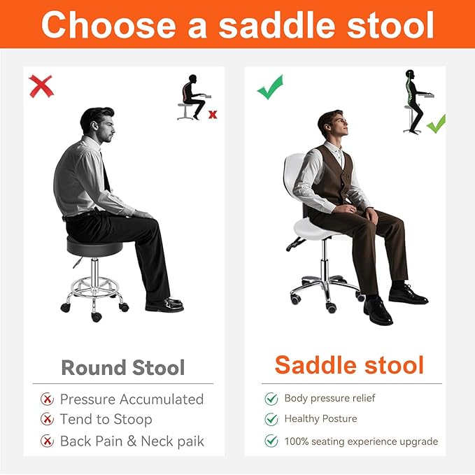 Saddle Stool with Back Support, 400lbs Adjustable Salon with Wheels, Heavy Duty Rolling Ergonomic Rolling Esthetician Seat for Home Office Salon Shop Dentist Clinic, for People 5 ft to5.8 ft Tall