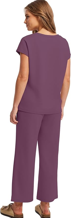 Saloogoe Two Piece Sets for Women Summer Outfits Lounge Sets V Neck Tops Wide Leg Pants Woman Vacation Travel Outfits