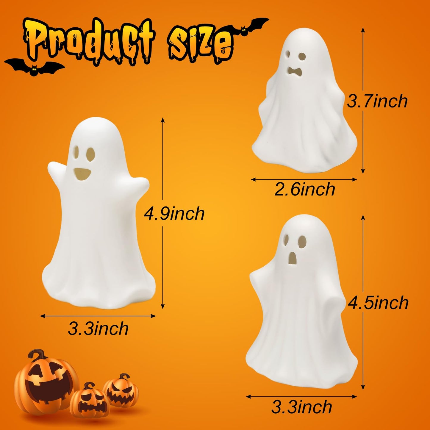 Halloween Ghost Decorations - 3 Pcs Gothic Ceramic Ghost Light Up Decor, White Ghost Figurine for Halloween Table Home Decorations Indoor