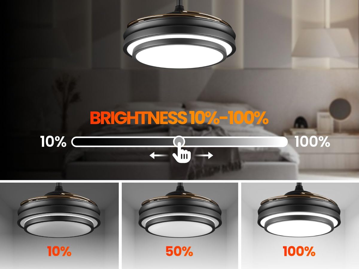 42 Inch Black Modern Ceiling Fan with Lights and APP Control,Retractable Fandelier Celing Fan with Light, 6 Speed,Light Dimmable Memory,Silent Reversible Motor for Bedroom Kitchen Living Room