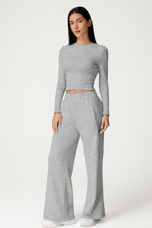QINSEN Womens 2 Piece Sets Long Sleeve Slim Fit Crop Tops Wide Leg Pants Matching Lounge Set