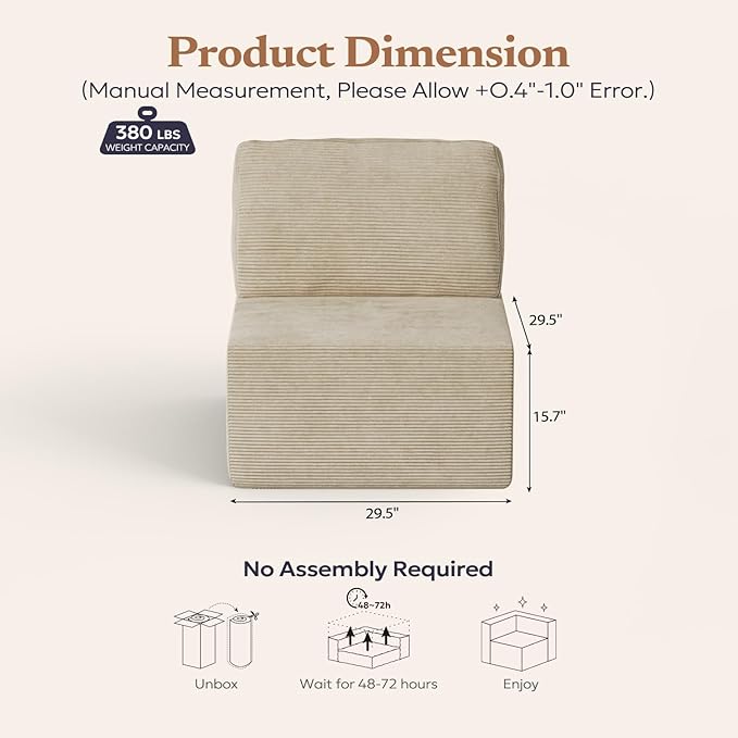 Furnify 30" Modular Upholstered Foam Couch, Upholstered Floor Sofa Couch with Pillow, Bean Bag Chair for Bedroom Living Room, No Assembly Required (Corduroy Fabric, Beige)
