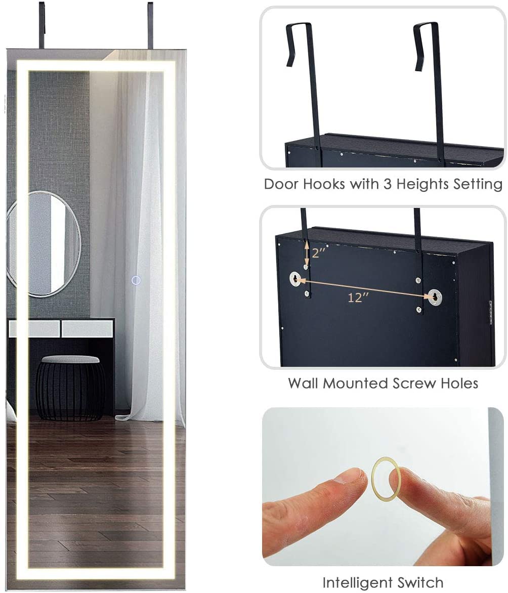 MAT EXPERT Wall/Door Mounted Mirror Jewelry Armoire, Jewelry Cabinet w/LED Lights & Touch-Screen Lighted Mirror, Makeup Jewel Storage Hanging Cabinet, Lockable Dressing Jewelry Organizer (Black)