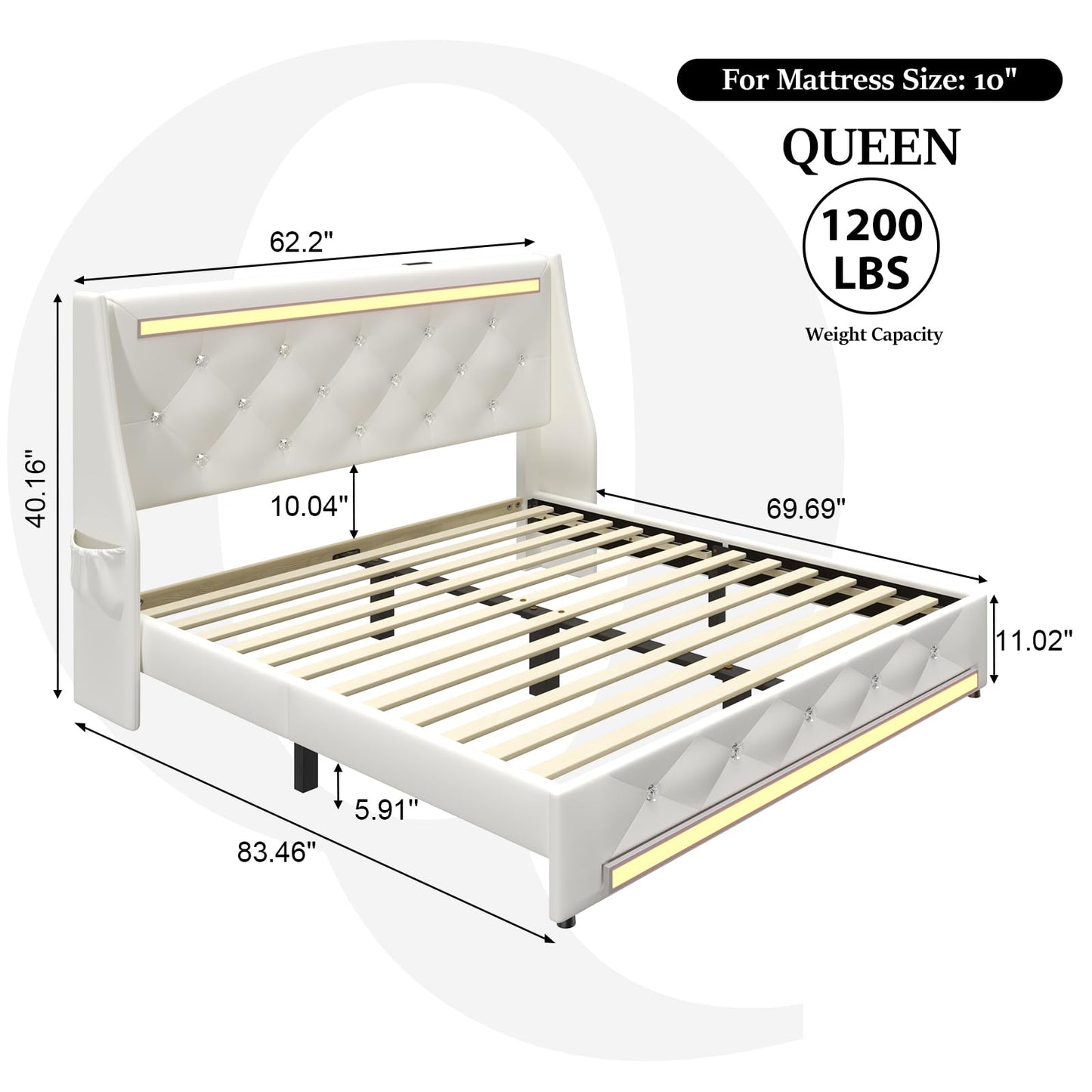 E-Motie Queen Bed Frame with LED Lights and Charging Station, Wingback Upholstered Diamond Tufted Storage Headboard, Noise-Free, Solid Wood Slats,No Box Spring Needed, Easy Assembly, White
