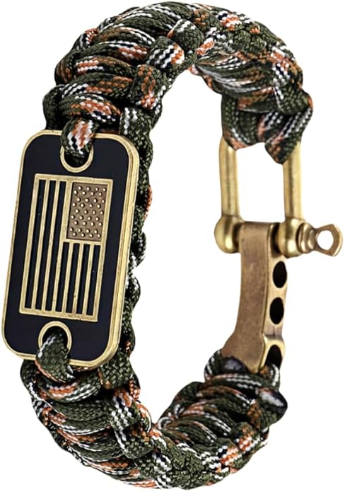 Patriotic Paracord Survival Bracelet for Men - Bronze US Flag Pendant Tactical Gear with Multi-Tool Functions, Adjustable ...