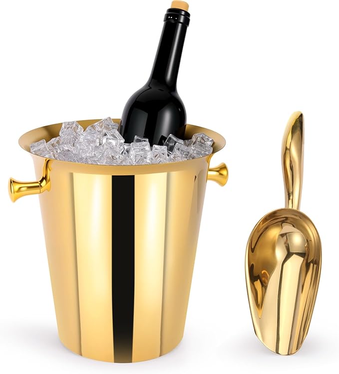 5 Liter Outdoor Gold Ice Bucket with Scoop, Stainless Steel Ice Bucket, Cocktail Bar Wine Party Beverage Cooler, Champagne...