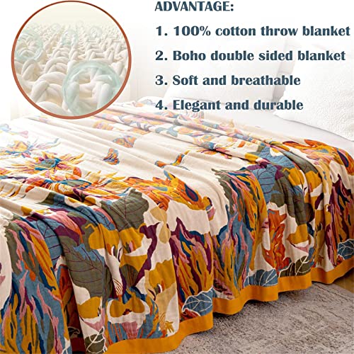 MSGKV Boho Throw Blanket 60''x80'',100% Cotton Blankets for Couch Bed,Cotton Quilt Travel Muslin Blankets Farmhouse Home D...