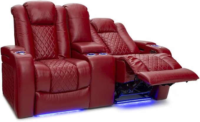 Seatcraft Anthem Home Theater Seating - Italian Leather - Power Recline Loveseat - Center Storage Console - Powered Headrests - Arm Storage - USB Charging - Cup Holders, Red