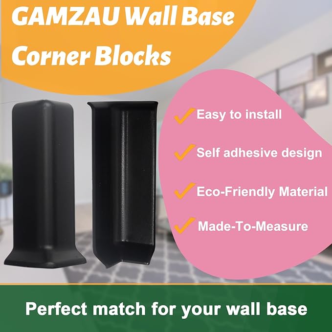 GAMZAU Baseboard Corner Blocks 6inch Height, Self Adhesive 3 Inside + 3 Outside Corners-Connector Between The Cove Base Wall Base Rubber Moulding Trim, Perfect Match for Our S152 Baseboard(Black)