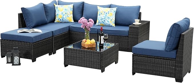 SunloungeCo 7 Pieces Outdoor Patio Furniture Set, Wicker Conversation Sets with Tea Table, Rattan Patio Sofa with Thick Cushions for Garden, Backyard Porch, Poolside,Navy