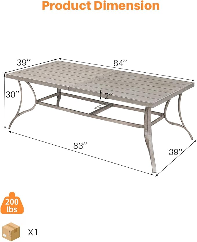 SEEHILL Patio Dining Table for 8, Aluminum Outdoor Dining Table with Umbrella Hole, 84" x 38.6" Rectangular Patio Table for Outside, Outdoor Patio Table for Deck, Garden Poolside, Limed Oak