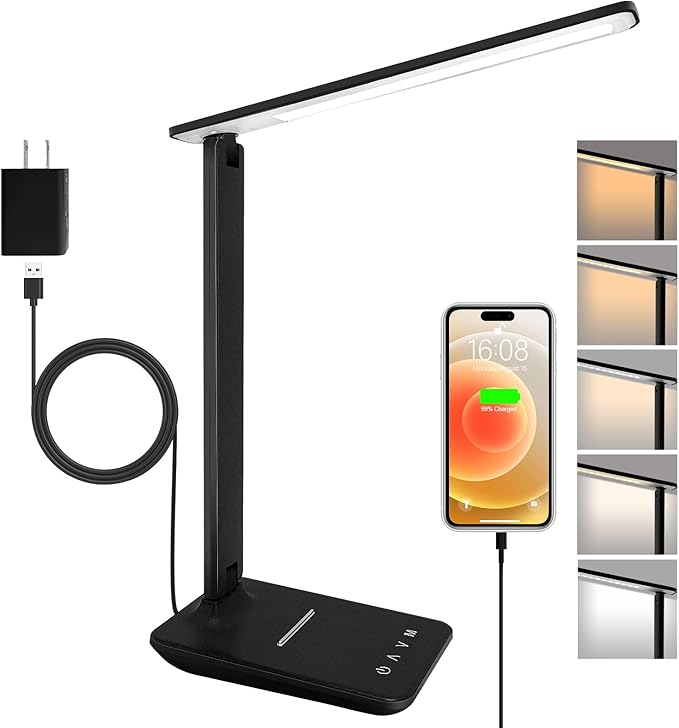 shinelife LED Desk Lamp for Office Home, Bright Desk Light with USB Charging Port, Adjustable Dimmable Desk Lamps 5 Modes ...