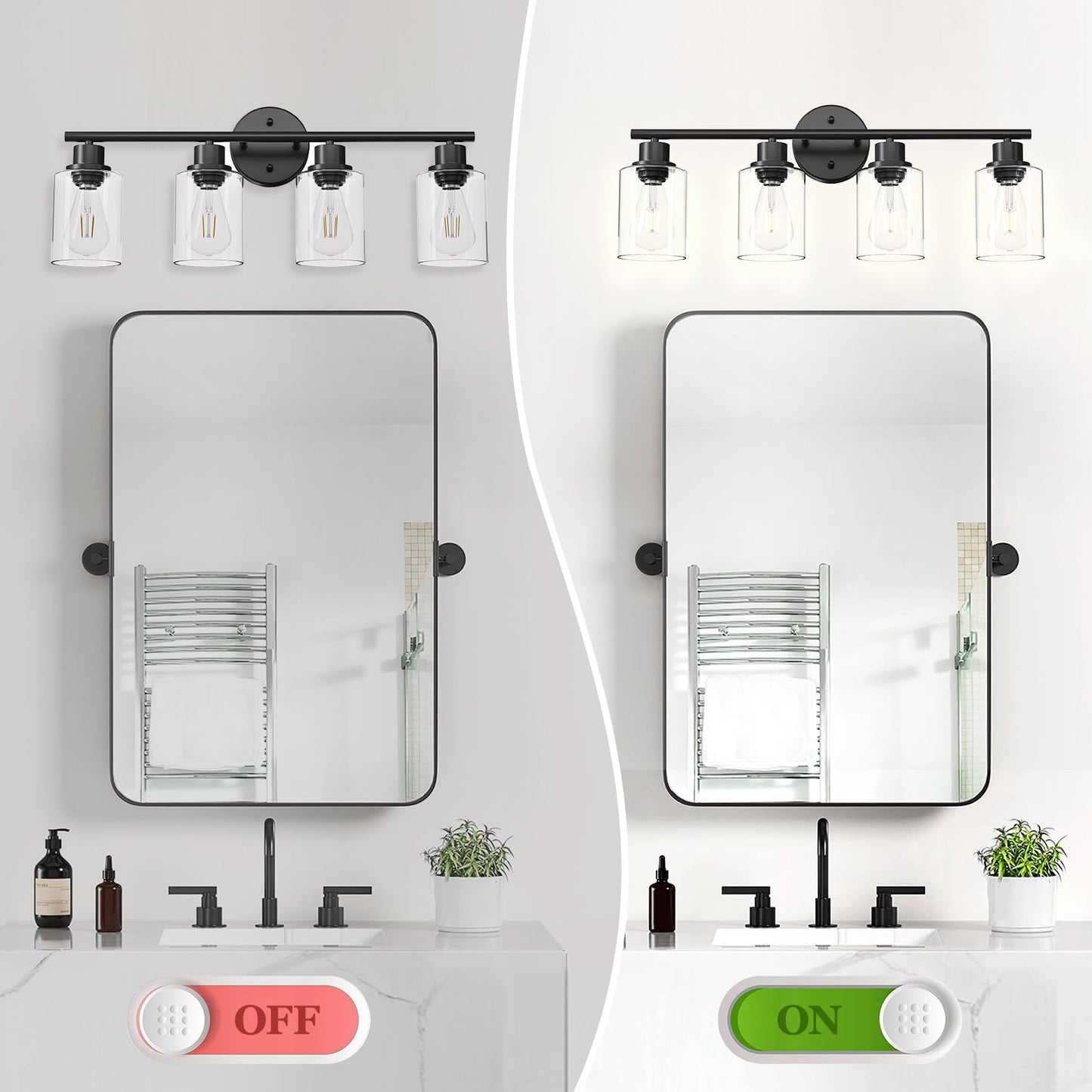 Guliaofo 4-Light Black Bathroom Light Fixtures, E26 Modern Vanity Lights for Bathroom with Clear Glass Shade, Wall Lamps for Mirror Hallway Kitchen Cabinet Living Room Sconces Lights