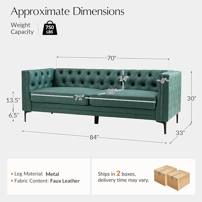 HULALA HOME 84" W Faux Leather Sofa Couch with Metal Legs, Button-Tufted 3-Seater Sofa, Mid Century Modern Contemporary Upholstered Couch for Living Room, Entertainment Area, Apartment,Green