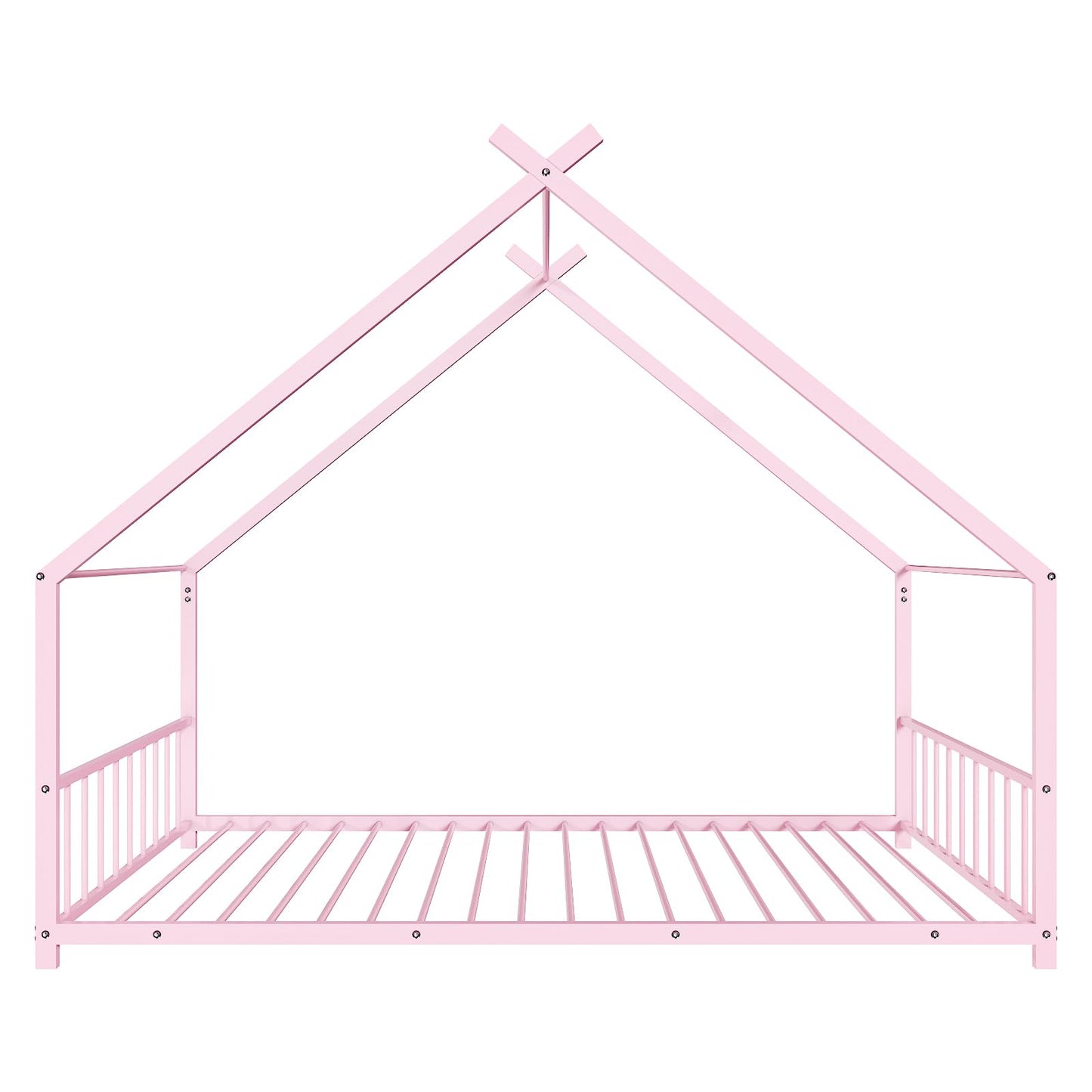 Ynredee Twin Wood House Bed,Floor Bed with Wood Slats,Metal Canopy Frame,Platform Bed with Headboard & Footboard for Boys Girls Teens,No Box Spring Needed (Pink)