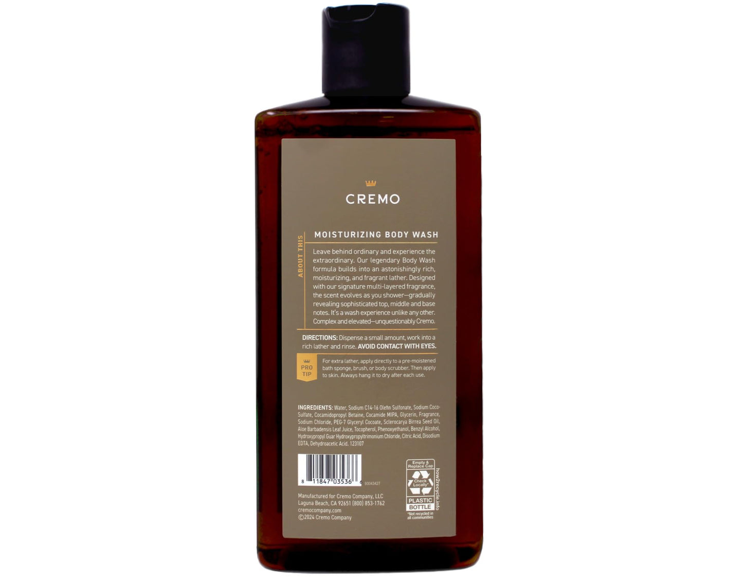 Cremo Rich-Lathering Vintage Suede Body Wash, A Vintage Suede with Notes of White Moss and Rich Amber, 16 Fl Oz (Pack of 2)