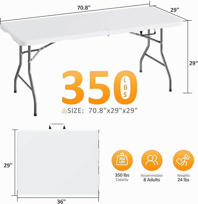 Fenbeli Upgraded 18% Thickened Folding Table 6ft Made of HDPE Plastic, Heavy Duty (25lb), Stable Thicker Legs, Dining Indoor Outdoor for Camping, Picnic and Party, White
