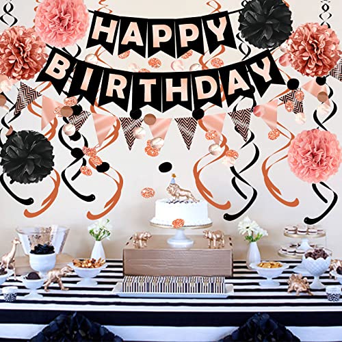 FECEDY Rose Gold Black Theme Happy Birthday Banner Flag Bunting Paper Circle Confetti Garland Swirl Streamers Honeycomb Ba...