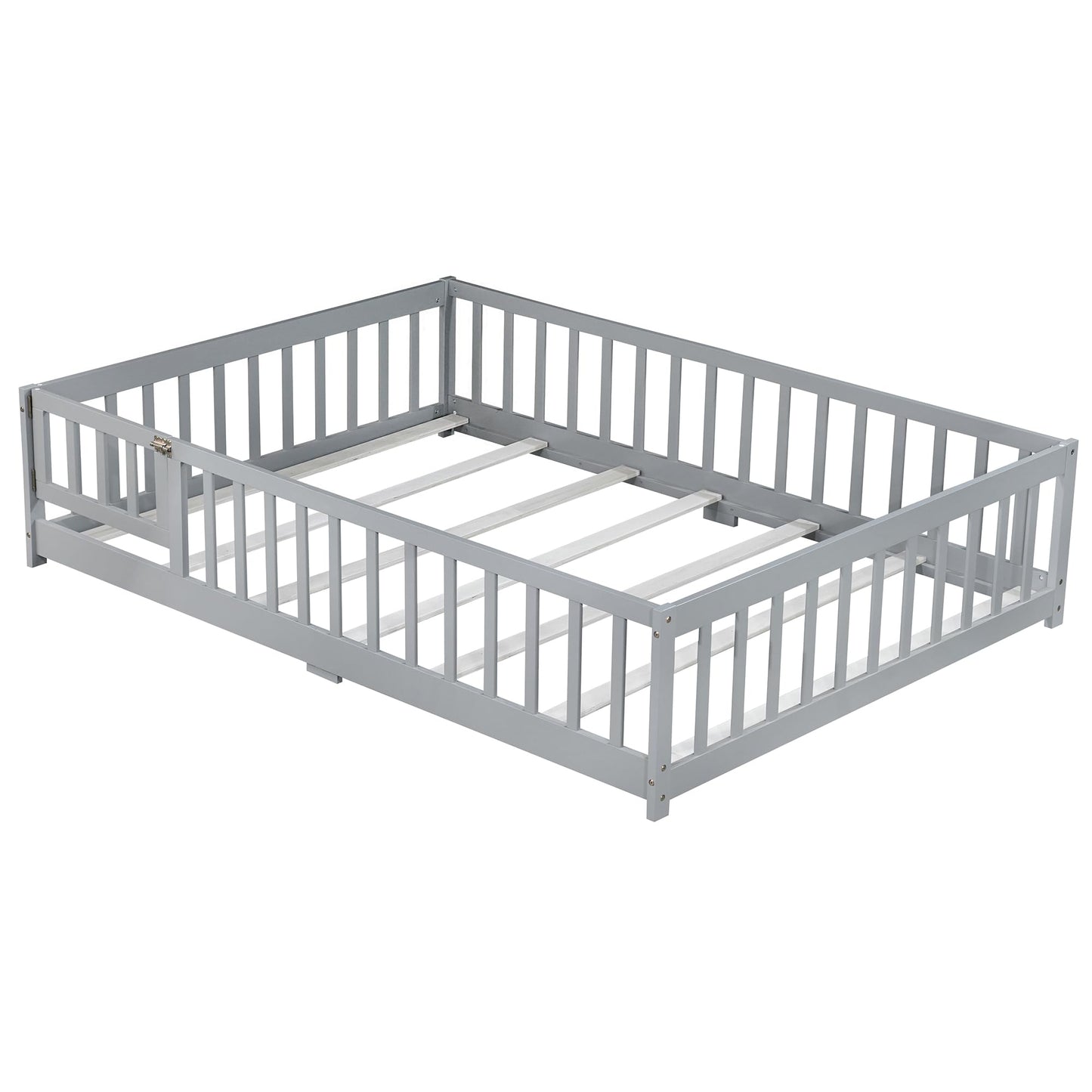 Aurnienofus Full Size Floor Bed Frame with Door and Fence,Montessori Floor Bed with Slats and Safety Guardrails for Girls Boys, Sturdy Wood Montessori Bed Frame, Grey