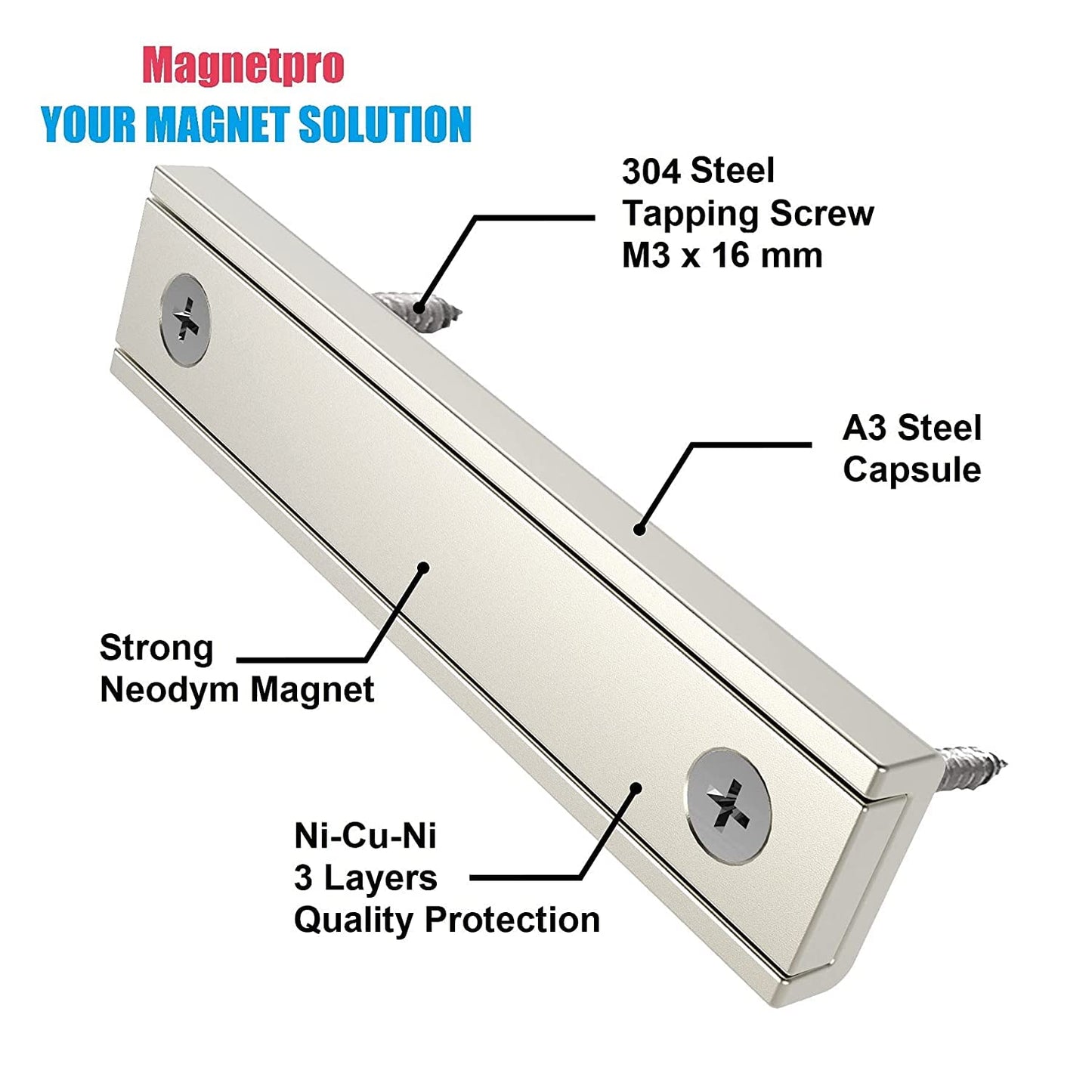 Magnetpro Neodymium Rectangular Magnets 70 LB Force Size 2.36" x 0.53" x 0.20" with Countersunk Hole and Steel Capsule, Strong Household and Industrial Rare Earth Magnet with Screws Pack of 8
