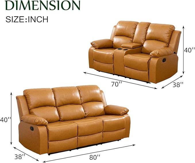 Caberryne Leather Recliner Sofa Set, 2 Pieces, Ginger, Modern Style, Bonded Leather, Sofa & Loveseat, Manual Recline, 82x37x40 inches, 1200 pounds