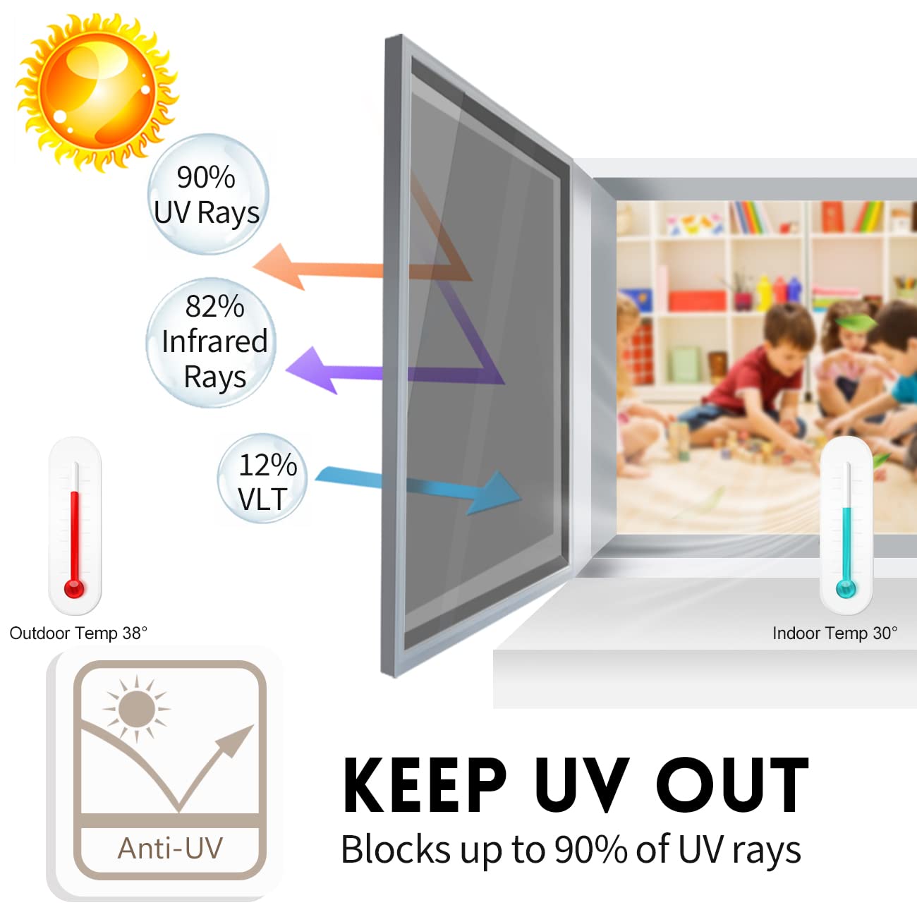 KESPEN Window Film One Way Daytime Privacy Heat Control Anti UV Non-Adhesive Reflective House Window Tint for Home and Office, Black-Silver, 35.4 Inch X 8.2 Feet