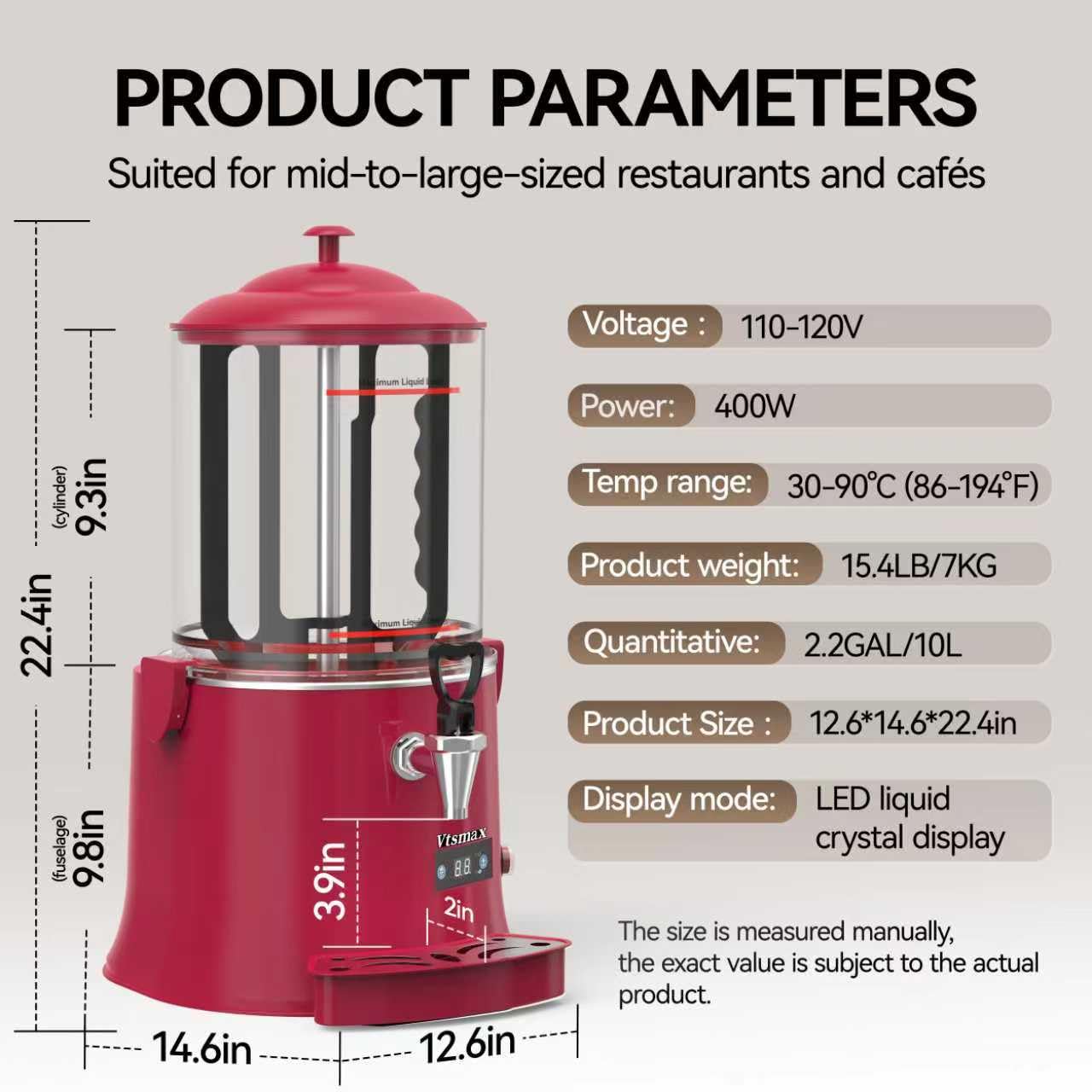 Vtsmax 10L/2.6Gal Commercial Hot Chocolate Machine Hot Drink Dispenser, 86-194°F Intelligent Temperature Control Hot Beverage Maker for Chocolate, Cocoa, Milk, Coffee, Juice, Red
