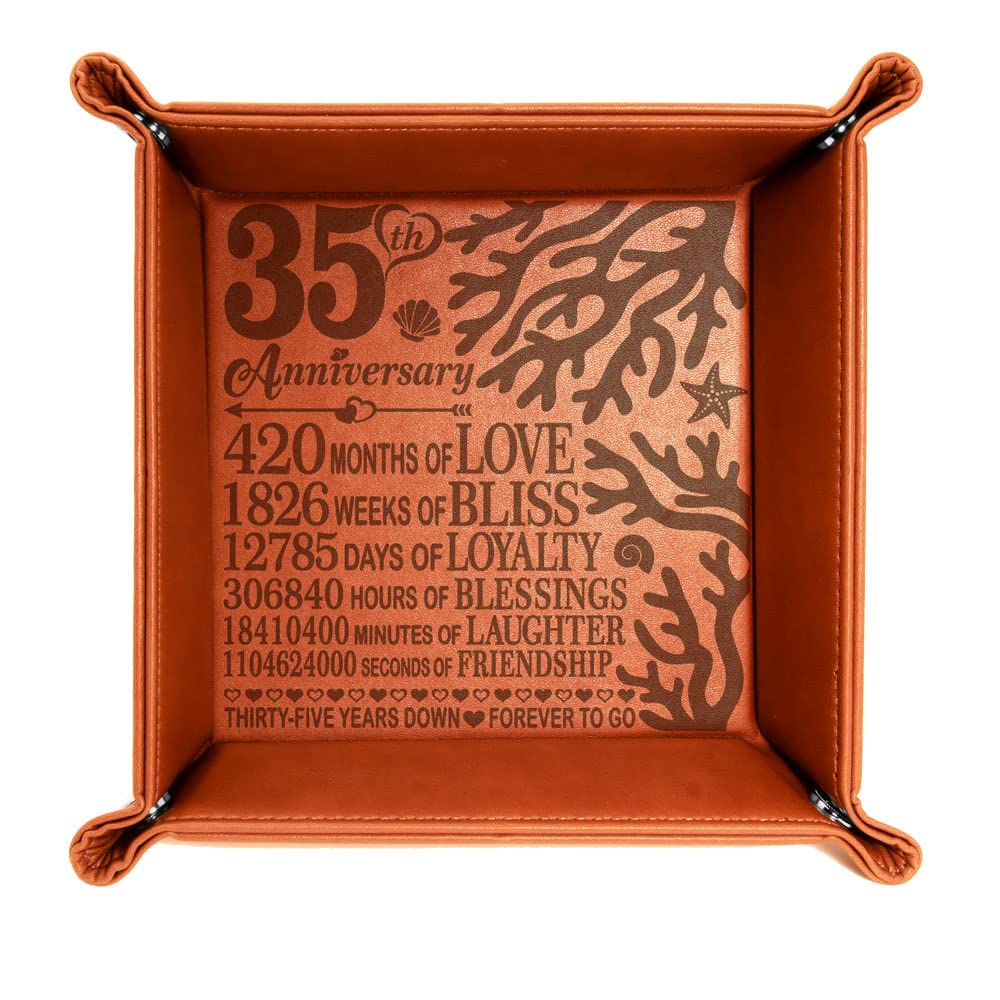 KATE POSH 35 Years of Marriage Engraved Leather Catchall Valet Tray, Our 35th Wedding Anniversary, 35 Years as Husband & Wife, Gifts for Her, for Him, for Couples, Coral Anniversary Design (Rawhide)