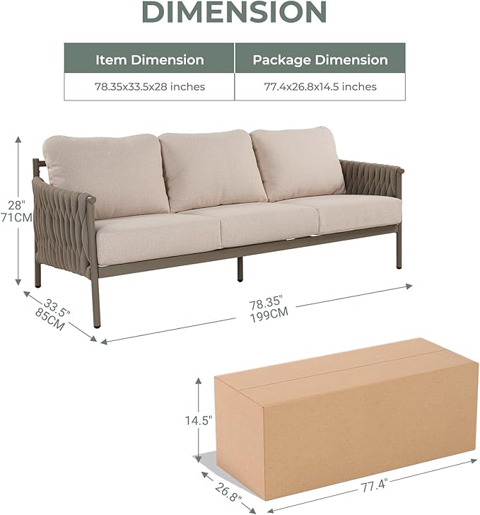 Grand patio Outdoor Furniture Set, Outdoor Sofa 3 Seats, Modern Metal Patio Couch with 6-inch Thick Waterproof Cushions for Porch Deck Backyard, Beige