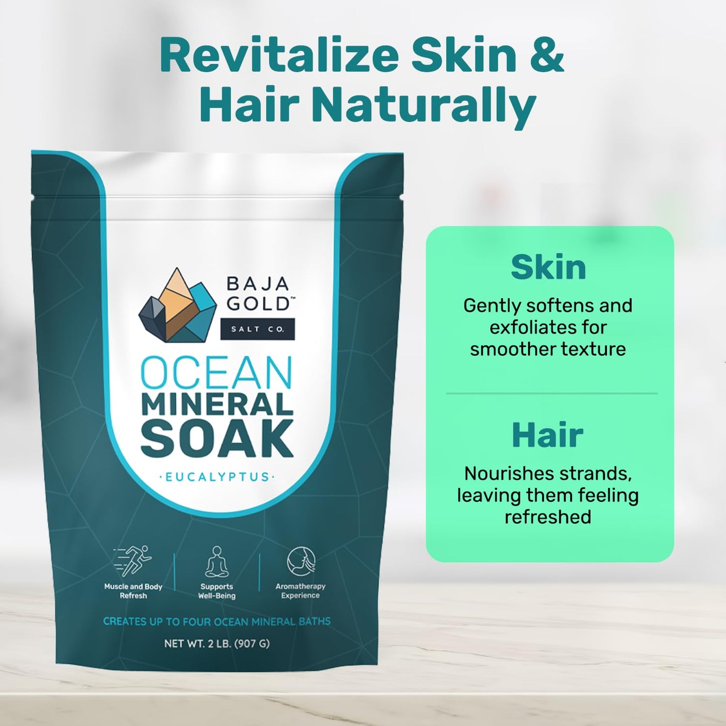 Baja Gold Ocean Mineral Soak – Natural Magnesium Bath Soak & Trace Elements | Relaxing, Clean Ingredient Soak for Bath, Muscles, Relaxation & Skin Care | Pure, Vegan, 2 Lb Resealable Bag, Eucalyptus
