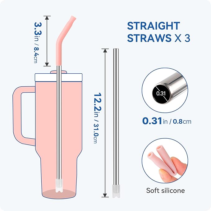 Reusable Metal Straws with Silicone Tip for Stanley 40oz,Stainless Steel Drinking Straws for 40oz Tumbler,3 Straight Tubes & 6 Tips& 1 Cleanr Brush(Lilac)