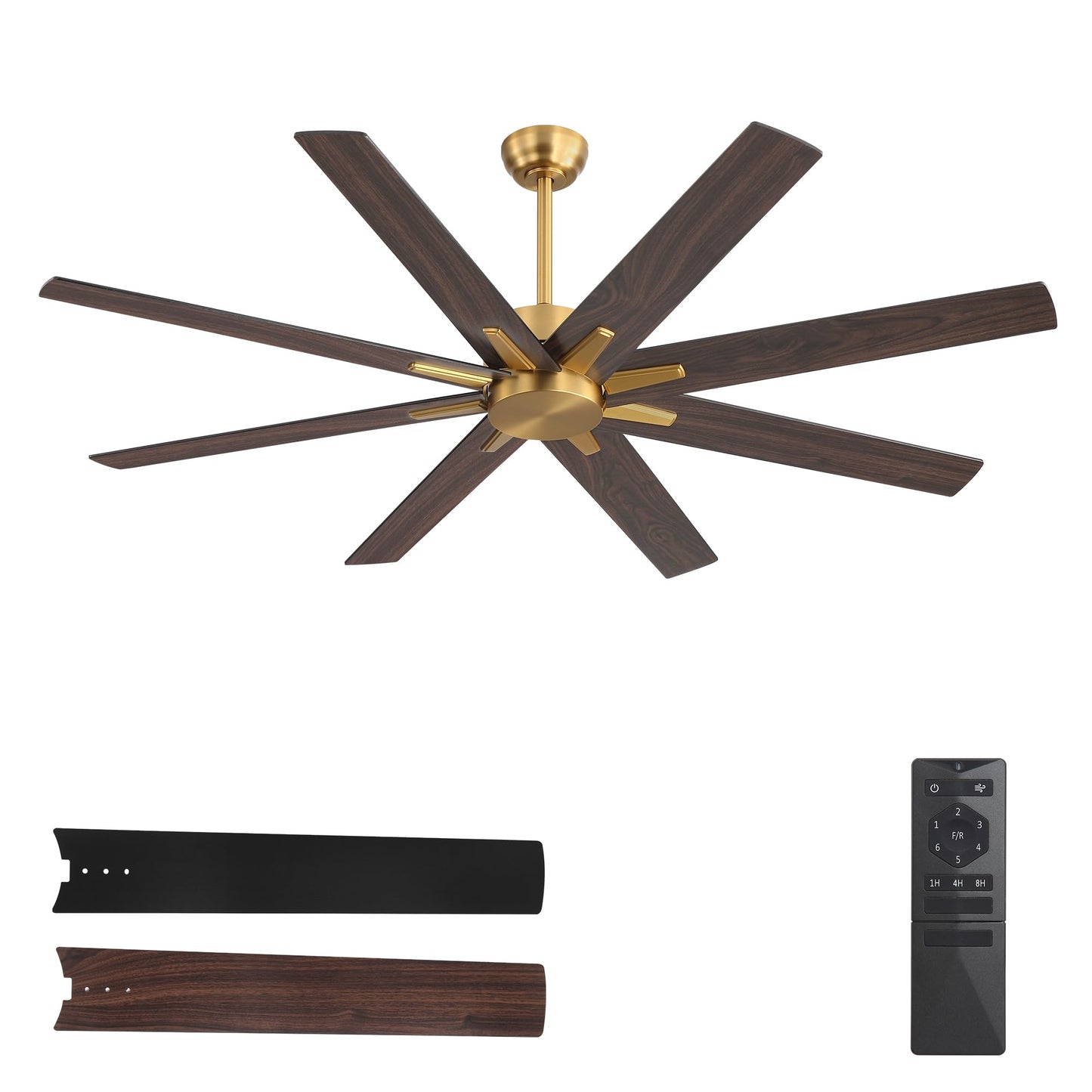 WINGBO 64 Inch Ceiling Fan without Light - 8 Plywood Blades, 6-Speed Reversible DC Motor, Noiseless Remote Control Ceiling Fan No Light for Bedroom Living Room Kitchen, Gold and Walnut/Black
