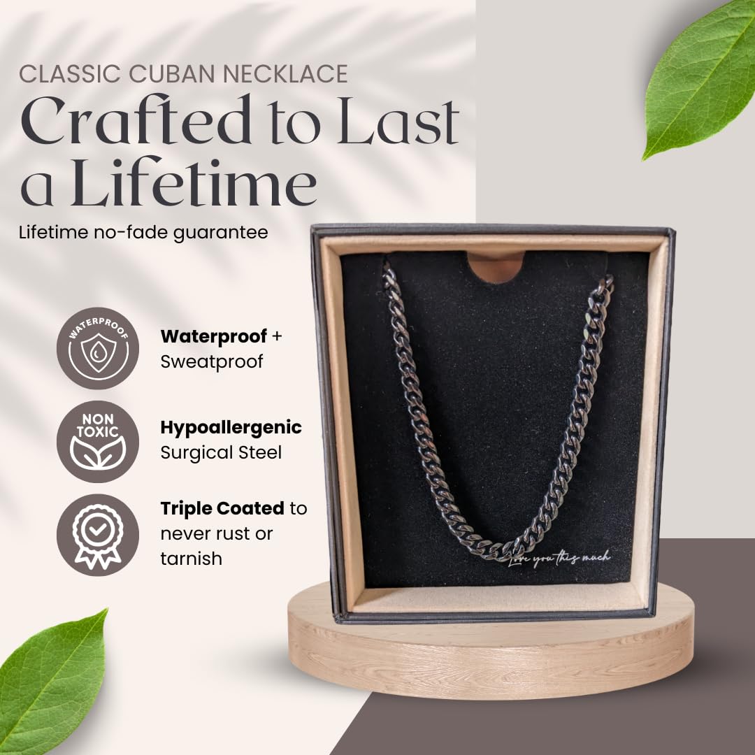 Love You This Much To My Brother 316L Surgical Steel 7mm Cuban Necklace | Gift for Big Bro | Luxury Gift Box with Sleeve (Brother, Titan Black Finish)