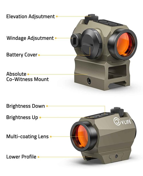CVLIFE JackalHowl Red Dot Sight, Motion Awake 2 MOA Red Dot Optics, IPX7 Waterproof & Fogproof, 50,000H Battery Life, 1x20mm Compact Red Dot Scope for 21mm Picatinny Rail, Absolute Co-Witness (Sand)
