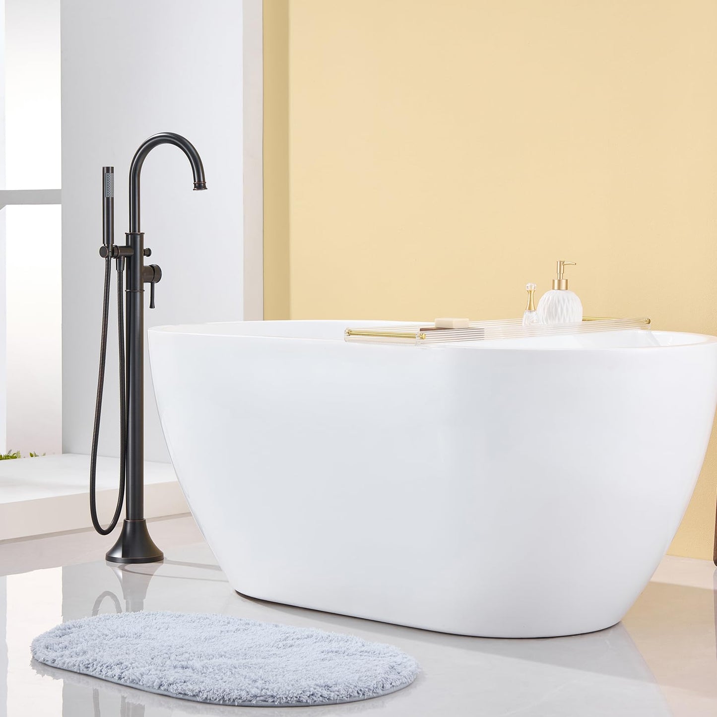 Wowkk Free Standing Tub Faucet Oil Rubbed Bronze Freestanding Bathtub Faucet Floor Mount Brass Bathroom Tub Filler with Hand Shower