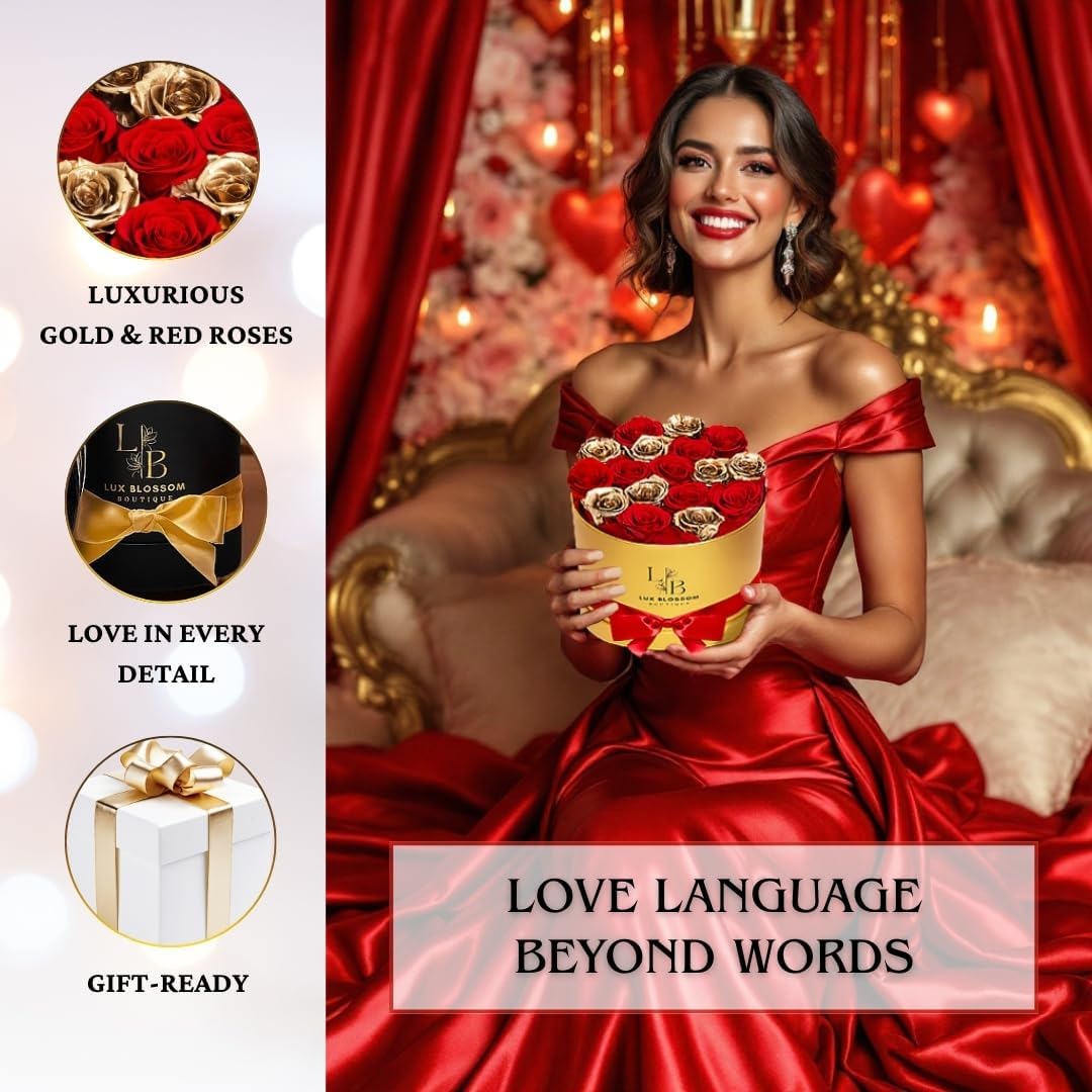 LUX BLOSSOM BOUTIQUE 17 Forever Roses in a Box - Luxury Red & Gold Forever Flowers, Gold Roses, Eternal Sparkling Roses Bouquet, Birthday Gifts for Wife, Flowers for Delivery Prime (White Box)