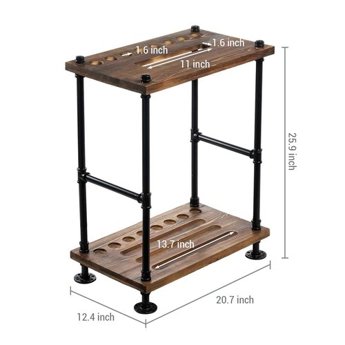MyGift Rustic Burnt Solid Wood Pool Cue Stick Holder, Ball Holder, and Triangle Rack Hook Organizer Stand with Industrial Black Metal Pipe Frame, Freestanding Billiard Equipment All-in-One Storage