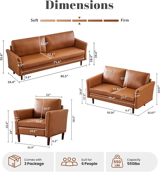 Kingfun Living Room Furniture Sets, 3 Seater Sofa, Armcahir and Armcahir, Mid Century Modern Sofa Set, Faux Leather Couch with Solid Wood Frame for Living Room & Bedroom, Mid Brown